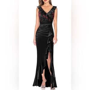 Beautiful black satin slit gown with ruffle size L